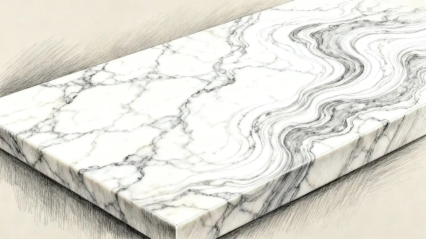 Calacatta Macaubas quartzite boceto con veteado elegante.