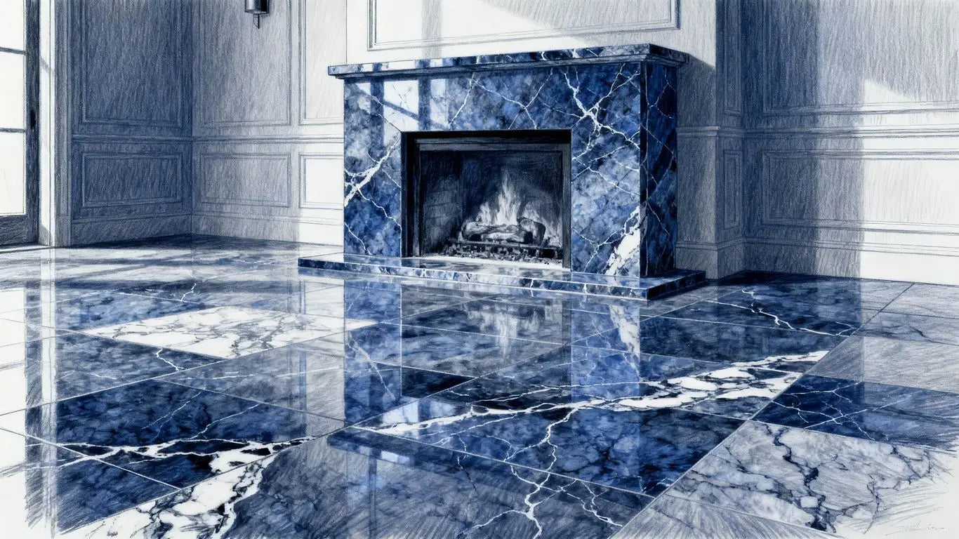 Chimenea y suelo de mármol bluestone en una casa.