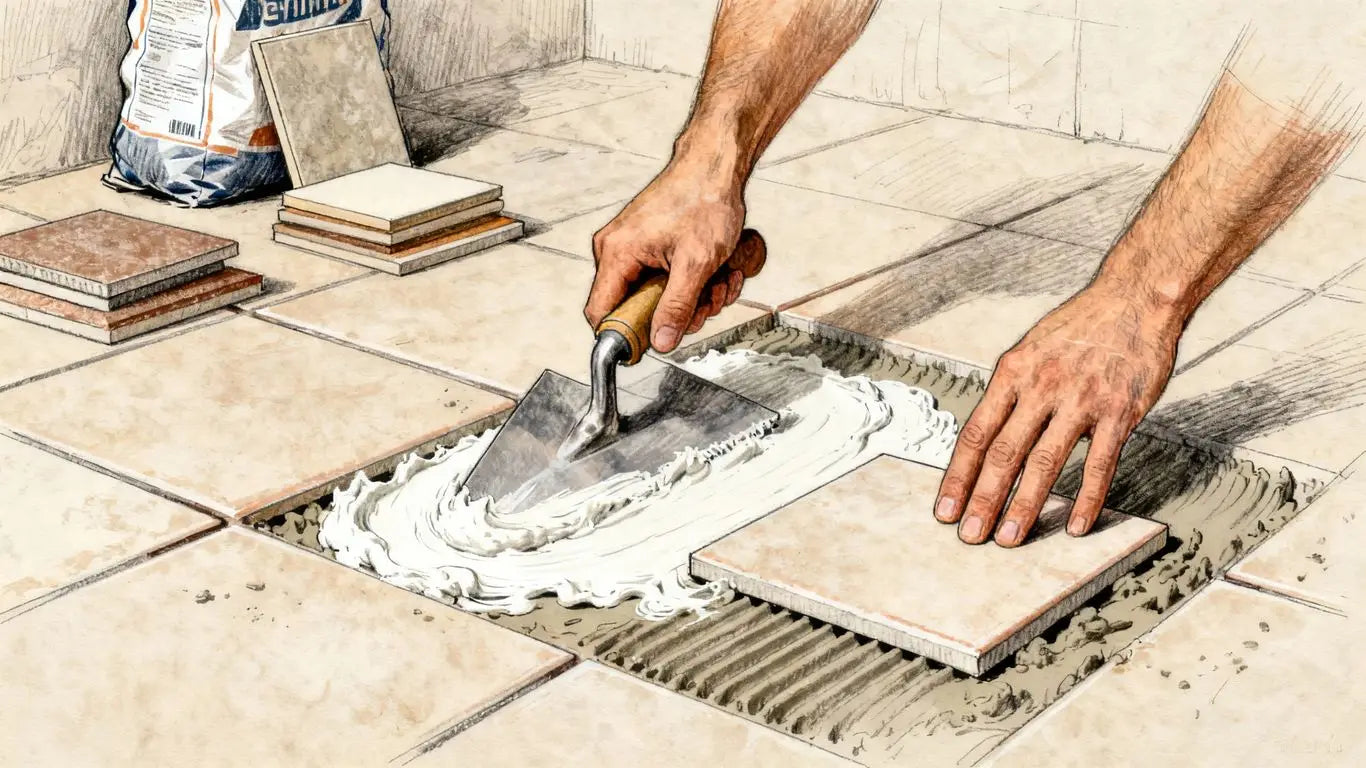 Baldosas de porcelana con aspecto de piedra caliza en un elegante boceto de habitación.