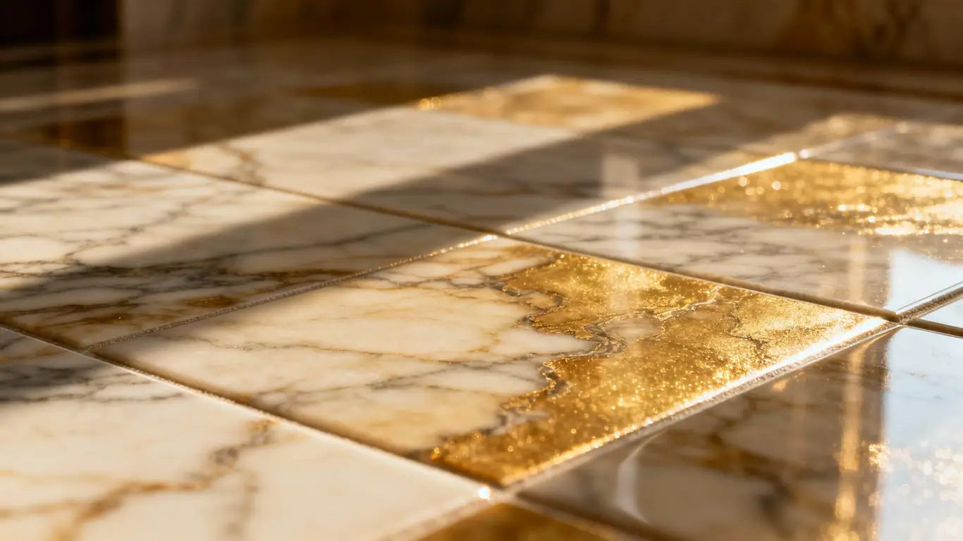 Polished marble flooring with natural veining.