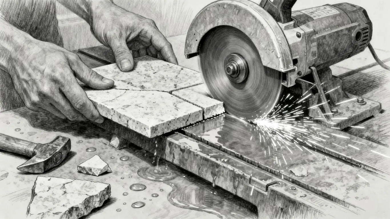 Hands cutting natural stone tile with a wet saw.