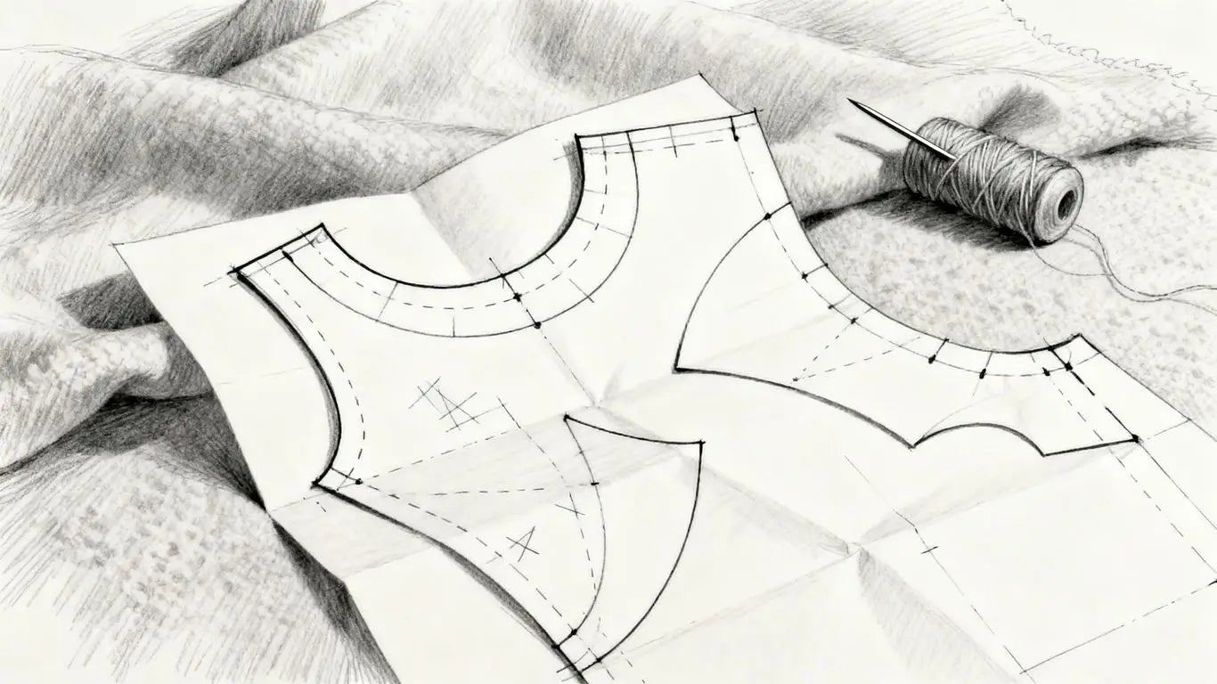 French sewing pattern with chalk marks and needle.