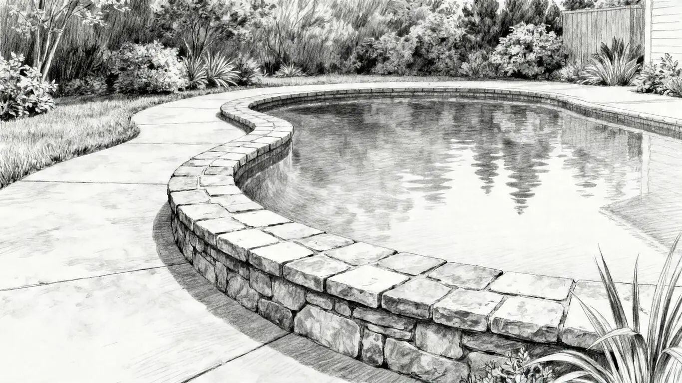 Piscina en el patio trasero con elegante borde de adoquines