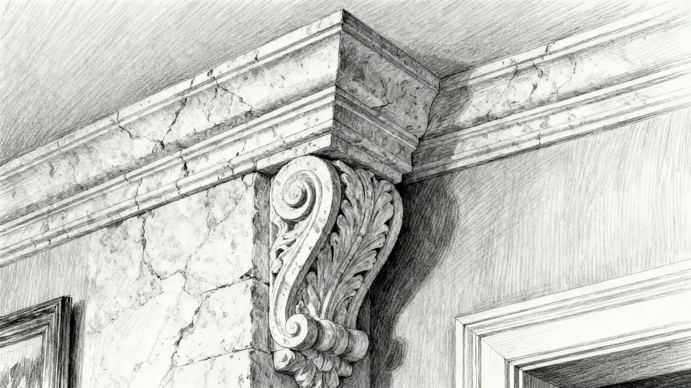 Detalle de elegante moldura de piedra caliza en el interior de una casa.