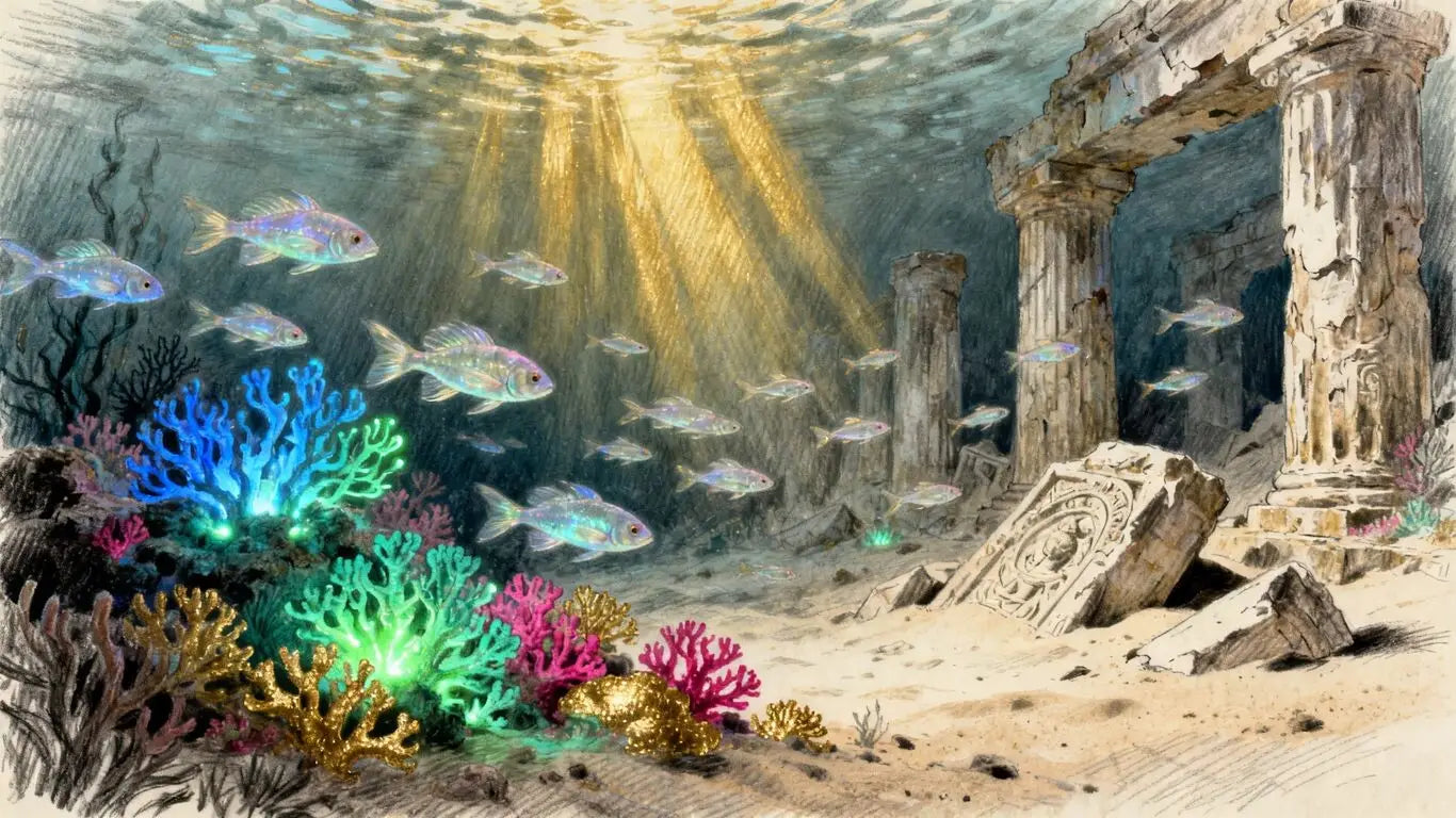 Fondo oceánico místico con plantas y peces brillantes.