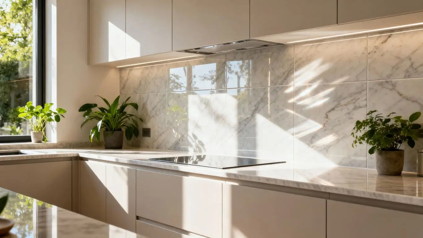 Modern kitchen with quartz tile backsplash.