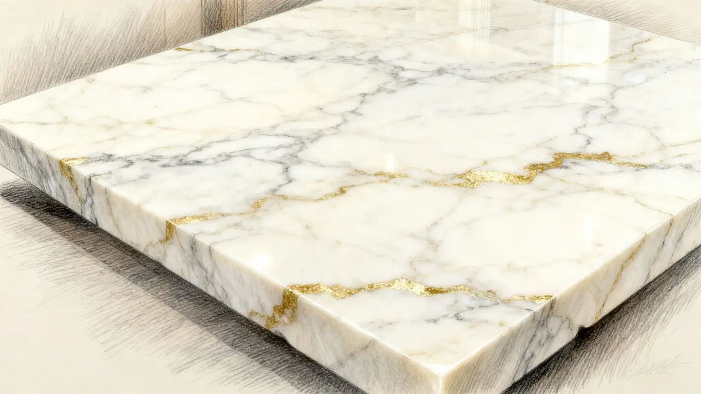 Polished Taj Mahal quartzite slab with elegant veining.