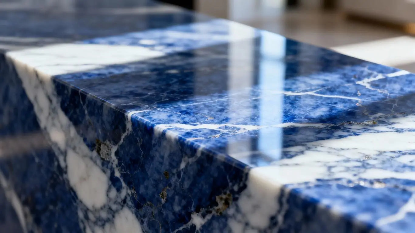Polished bluestone marble with deep blue hues and veining.