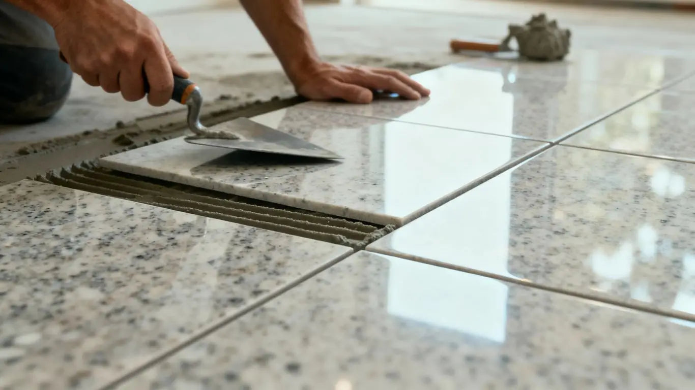 Hands installing quartz tile flooring.