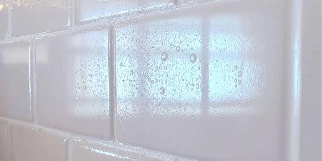 White subway tiles with condensation and reflections on kitchen backsplash