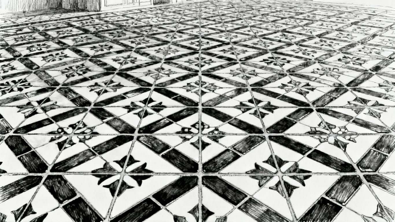 Mosaico blanco y negro patrón de baldosas boceto
