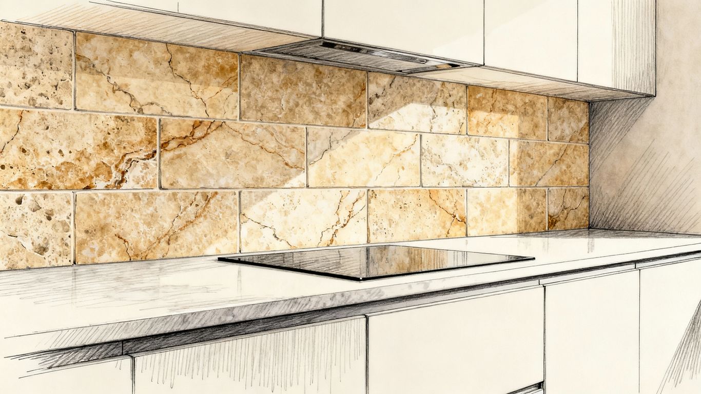 Travertine backsplash in a kitchen setting.