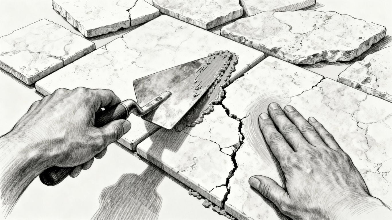 Reparación de una baldosa de travertino agrietada con lechada y pulido.