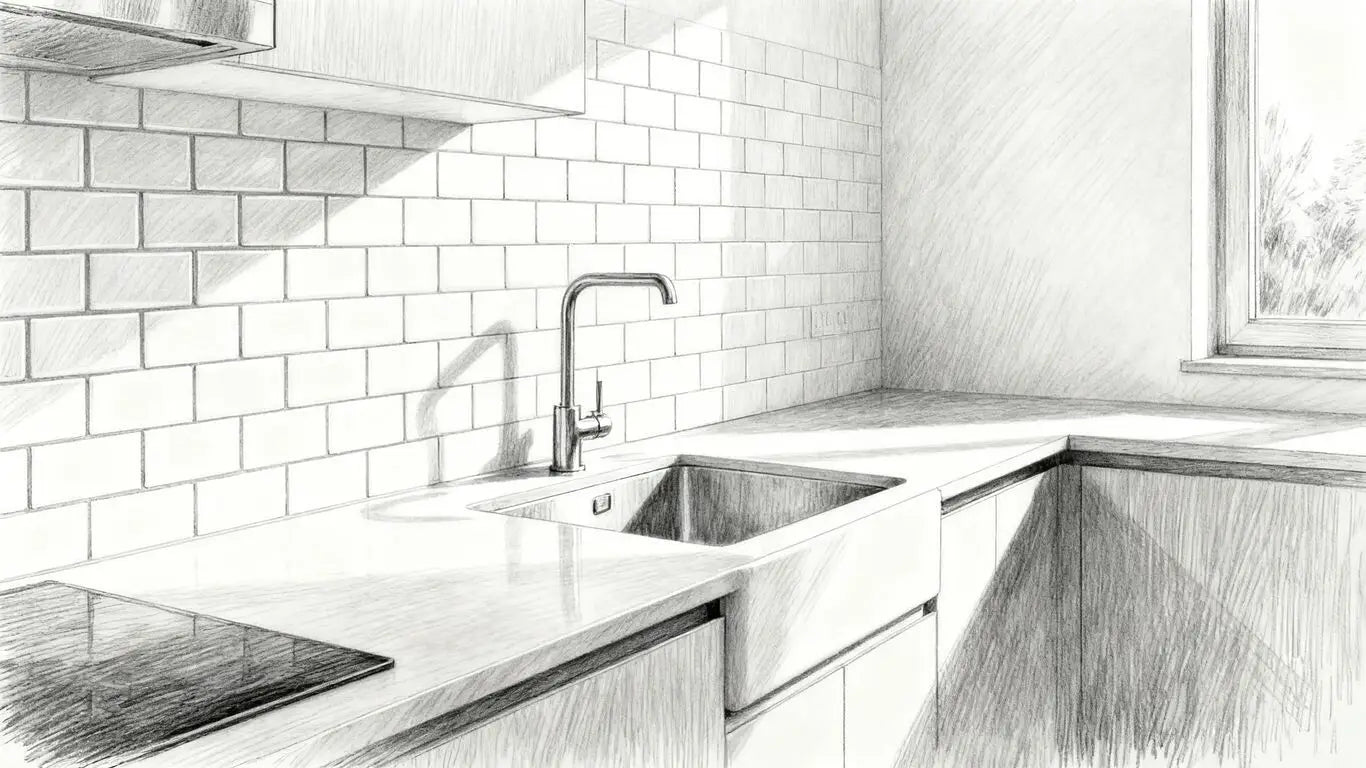 White subway tile kitchen backsplash sketch