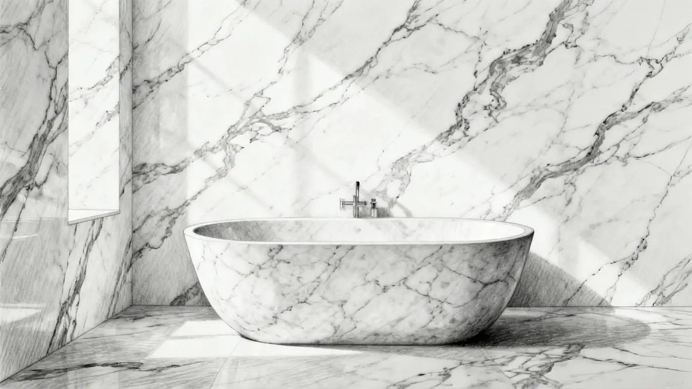 Arabescato marble bathroom sketch with veined patterns.