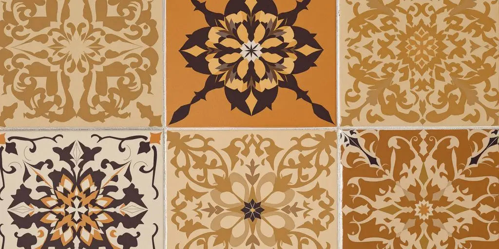 Six warm-toned French tiles with intricate patterns