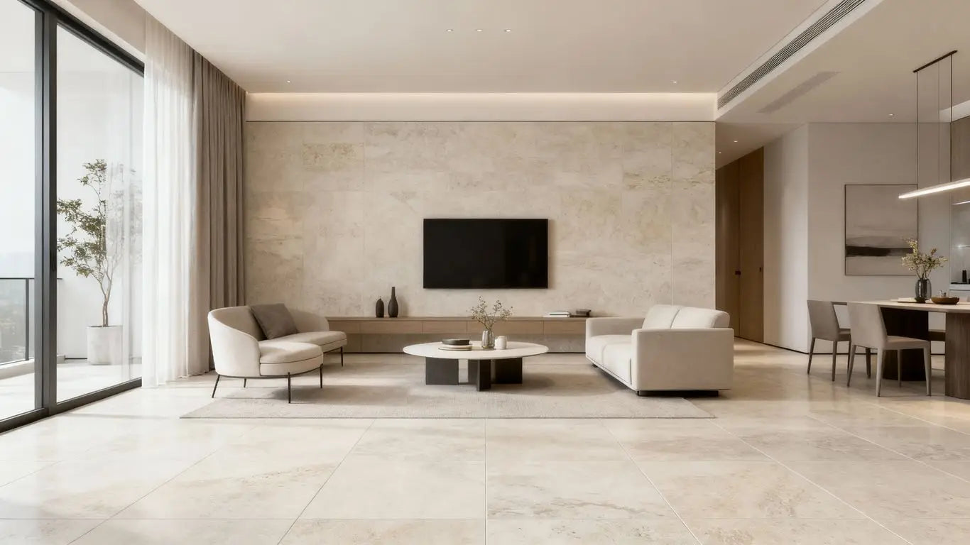 Modern living room with limestone look porcelain tile flooring