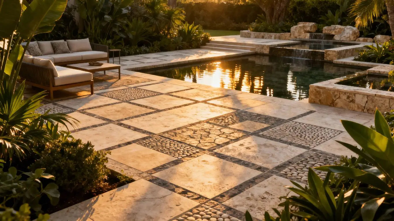 Modern patio with stone tiles and lush greenery