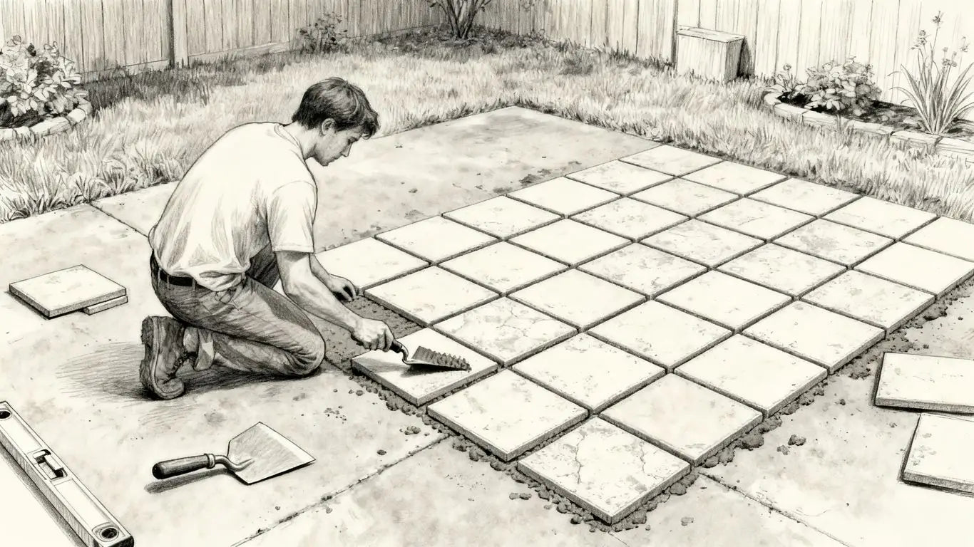 Installing patio tiles over concrete backyard.