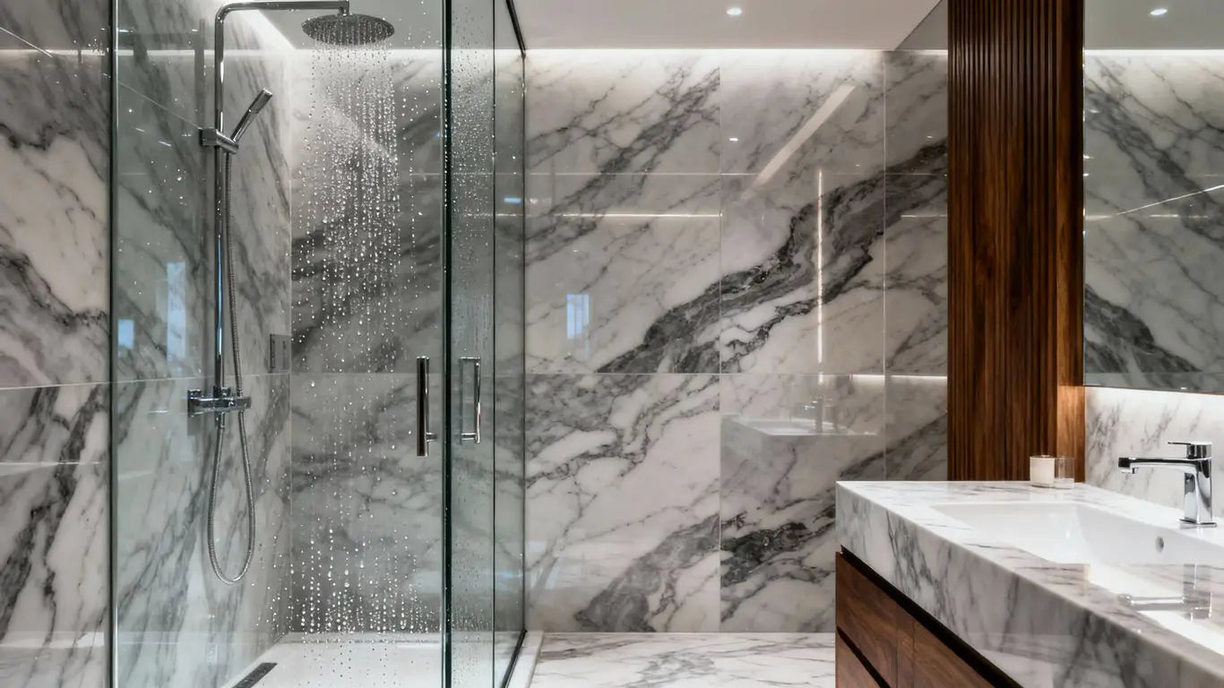 Luxurious marble shower with elegant design and soft lighting.