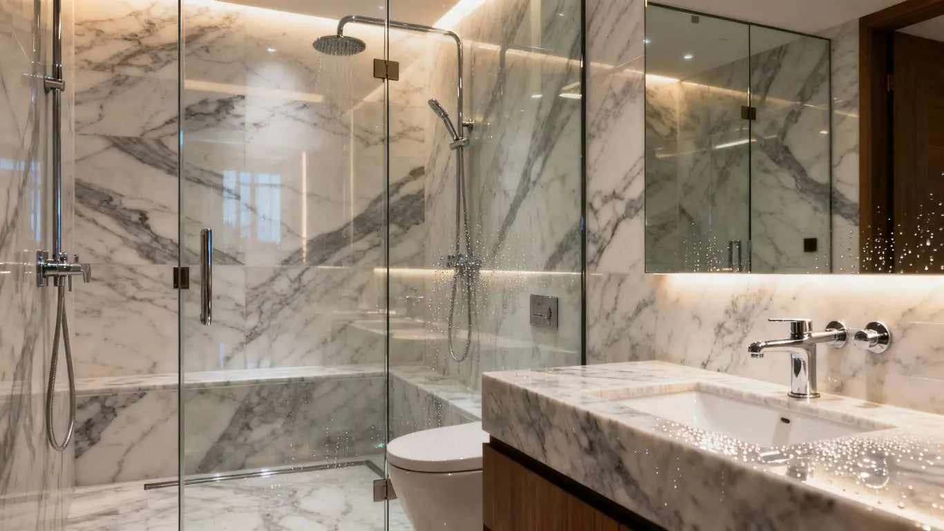Luxurious marble shower with elegant design and soft lighting.