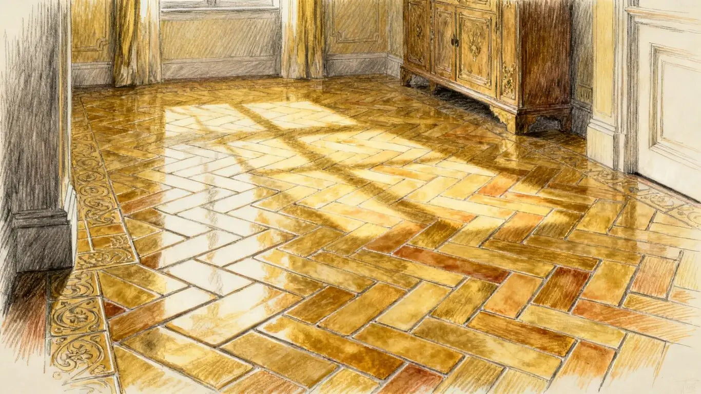 Herringbone tile floor in a sunlit home interior.