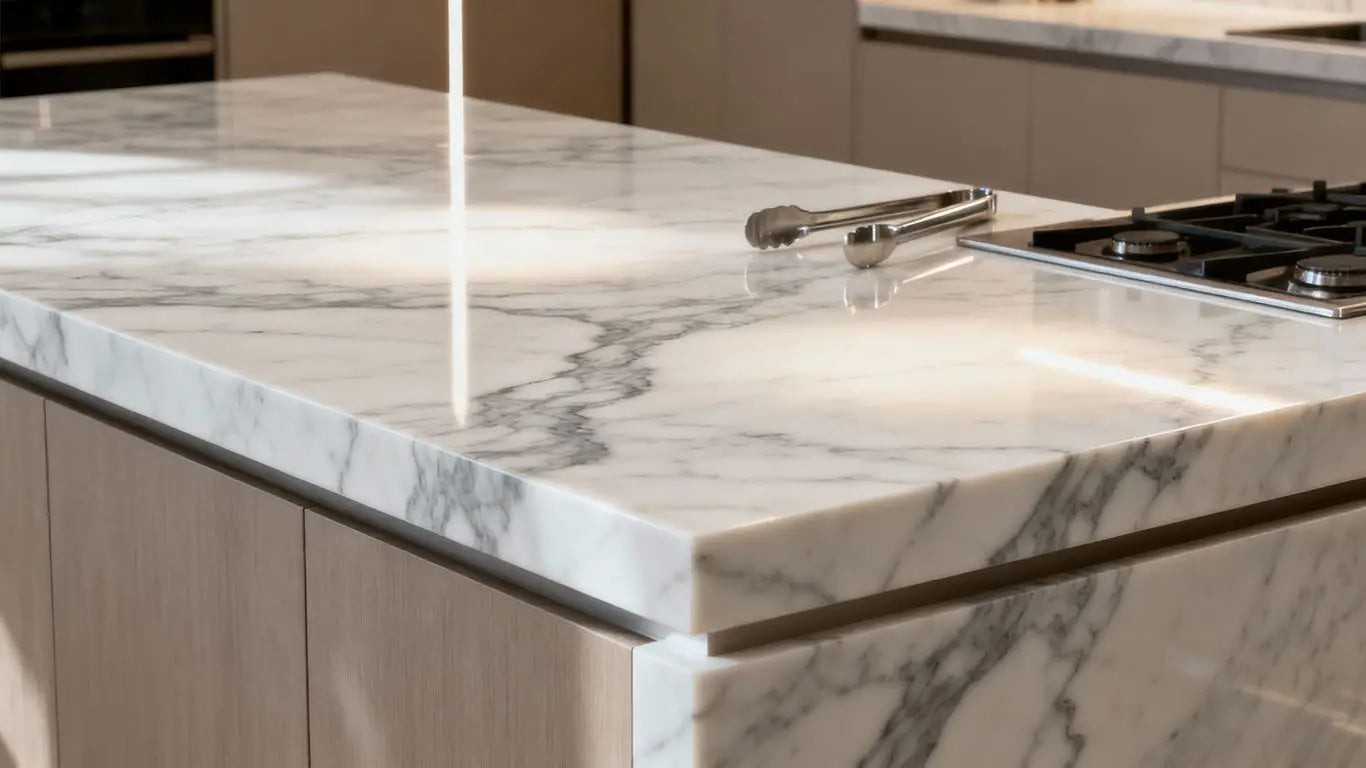 Elegant marble slab countertop in a modern kitchen.