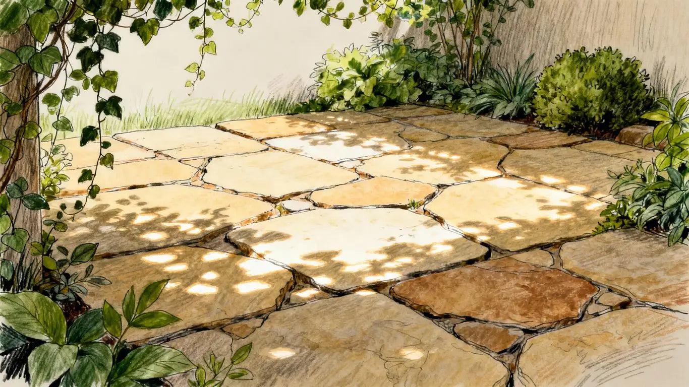 Backyard stone floor patio with plants