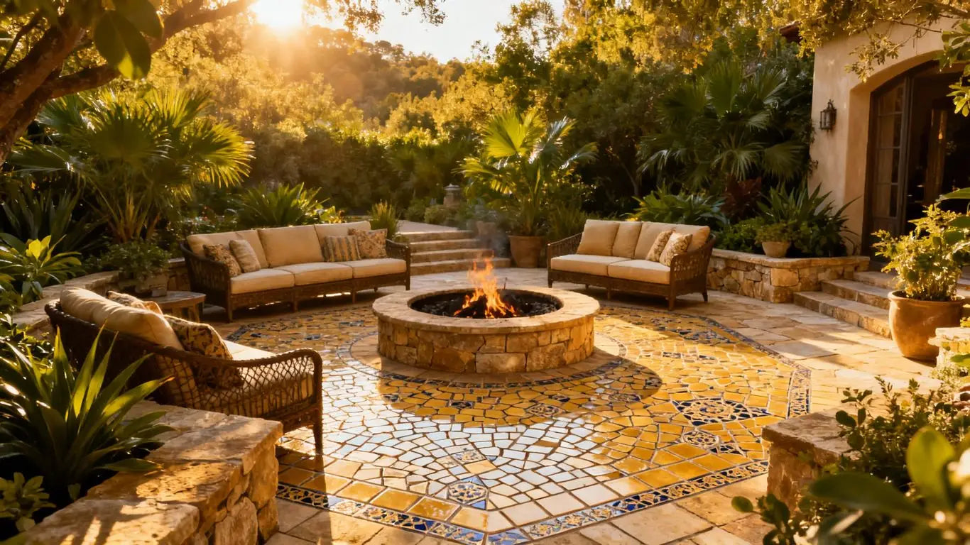 Stone and tile patio with fire pit and seating.