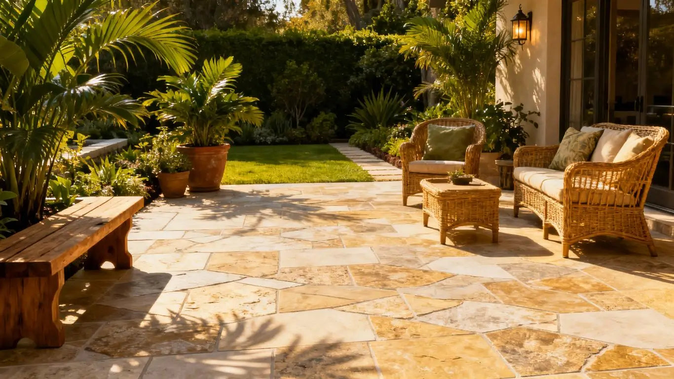 Beautiful patio with outdoor floor tiles and plants.