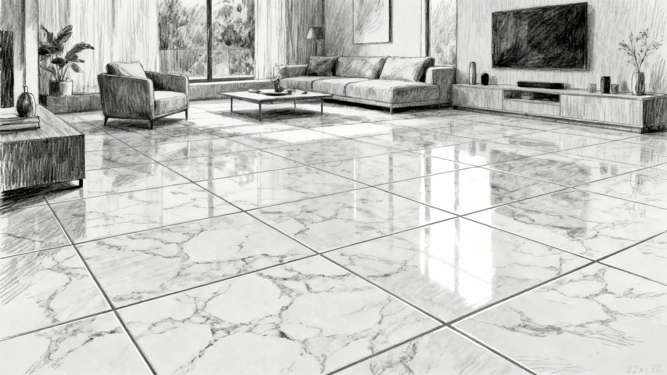 Modern living room with large 32x32 porcelain floor tiles.
