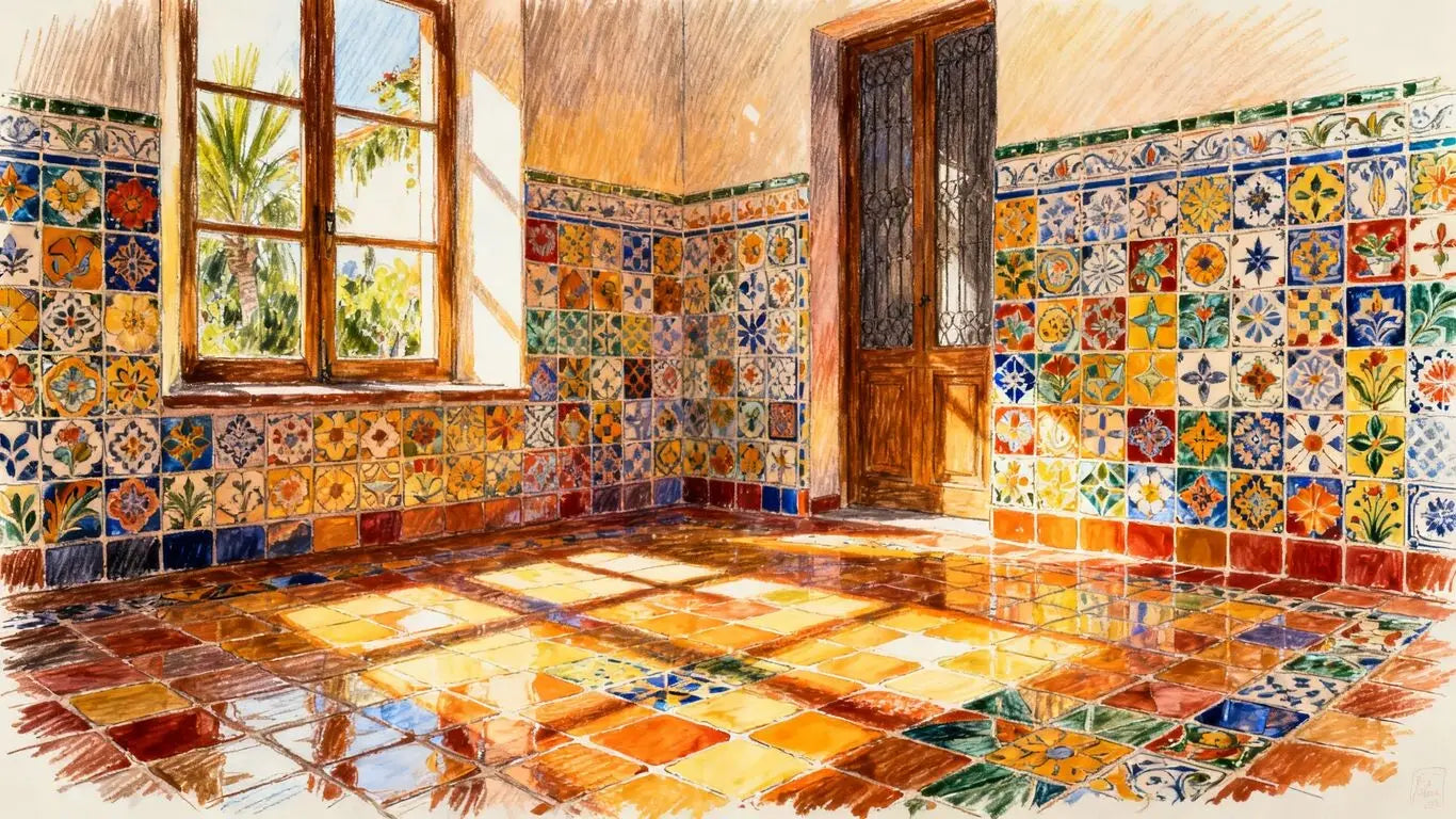 Colorful Tijuana tiles in a sunlit room sketch.