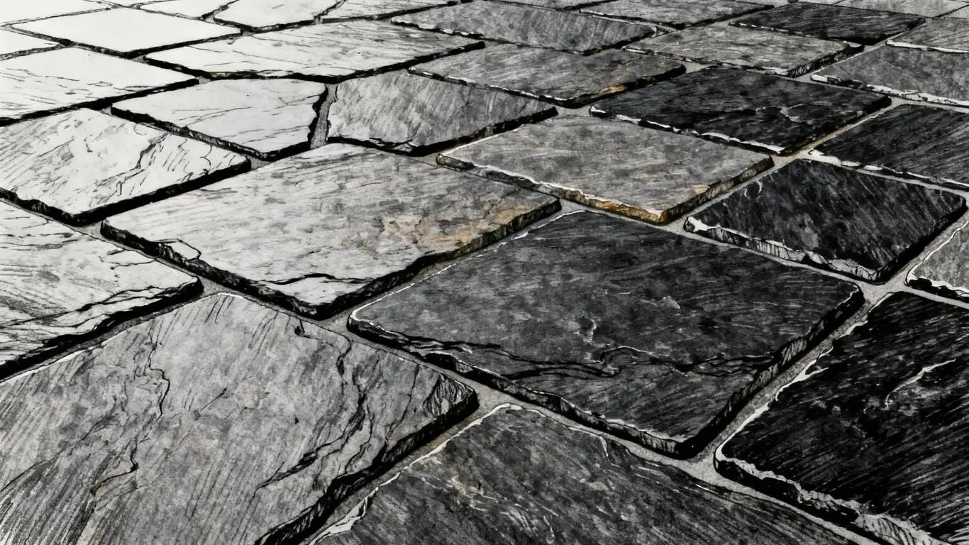 Mosaic slate tiles with natural texture.