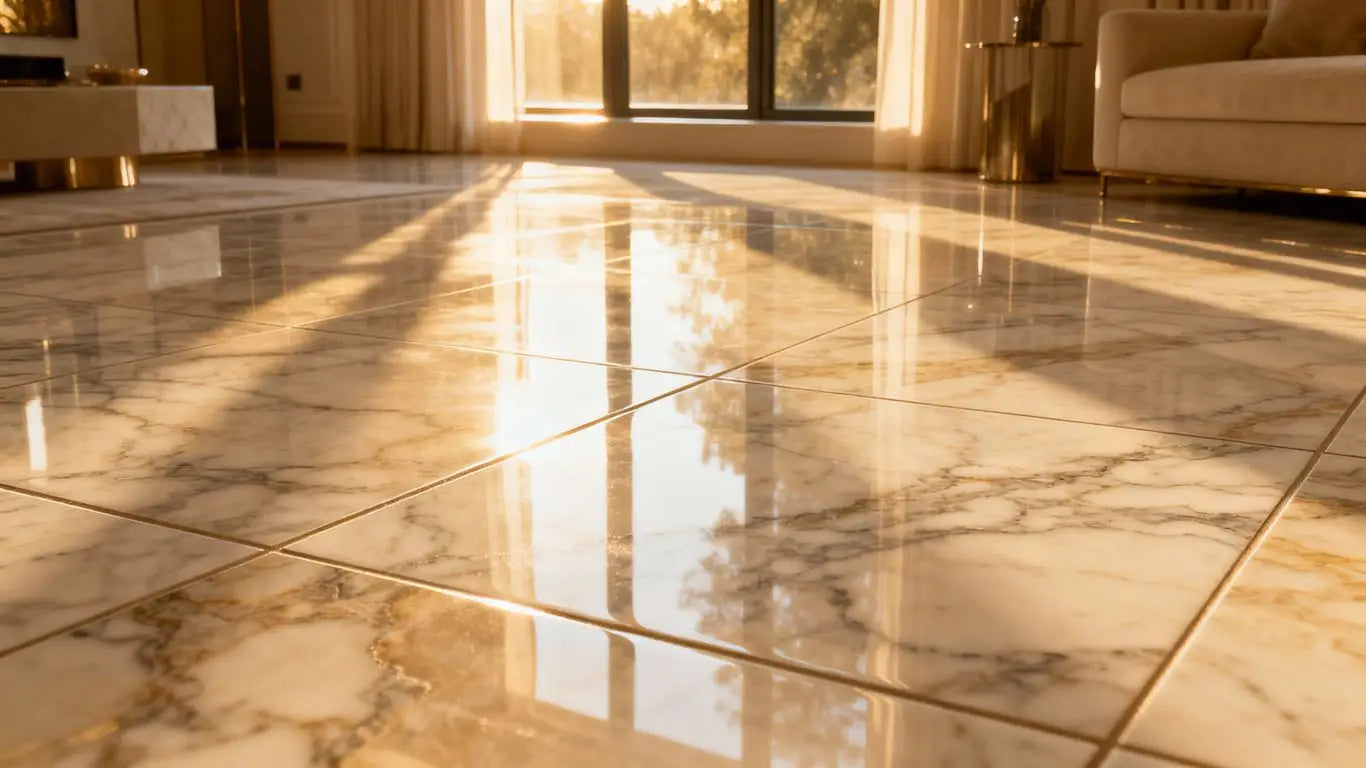 Elegant 24x24 marble floor tiles in a sunlit room.