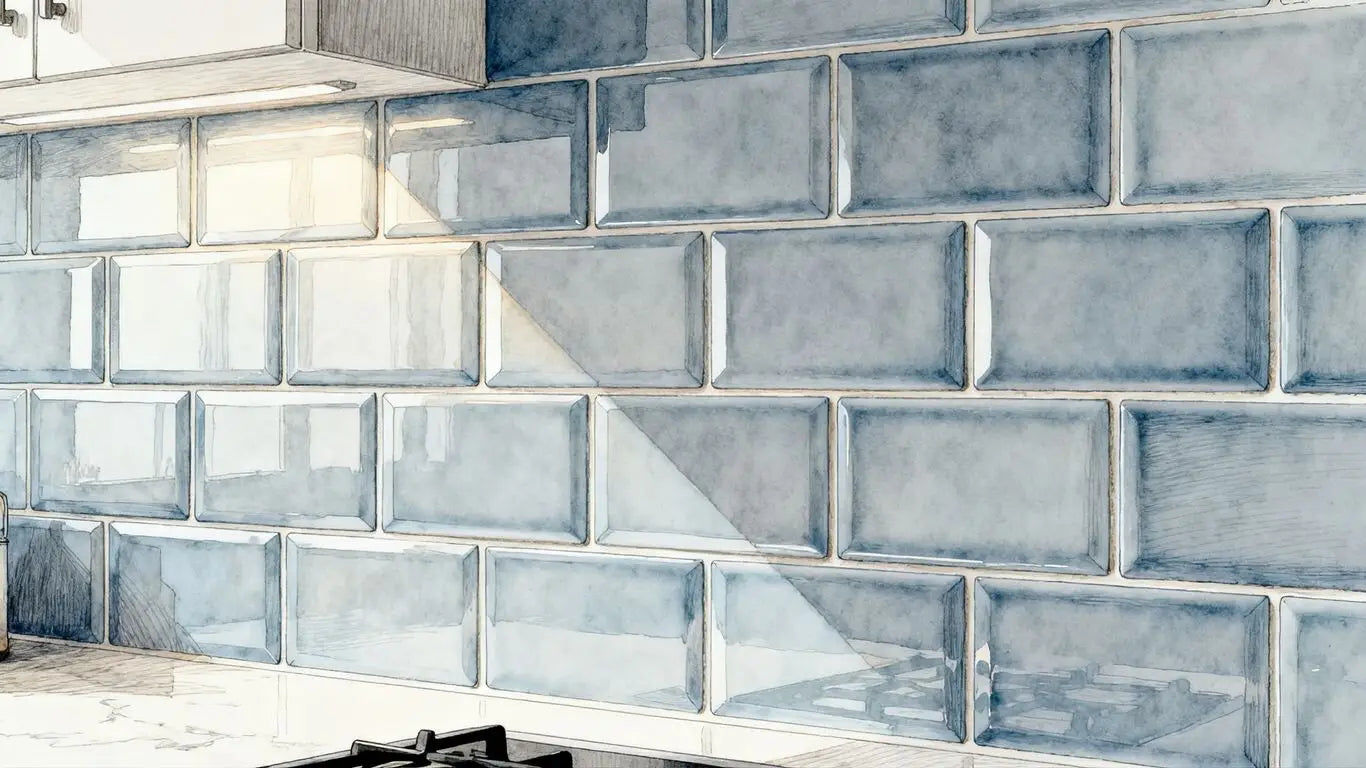 Elegant blue-grey subway tile backsplash sketch.
