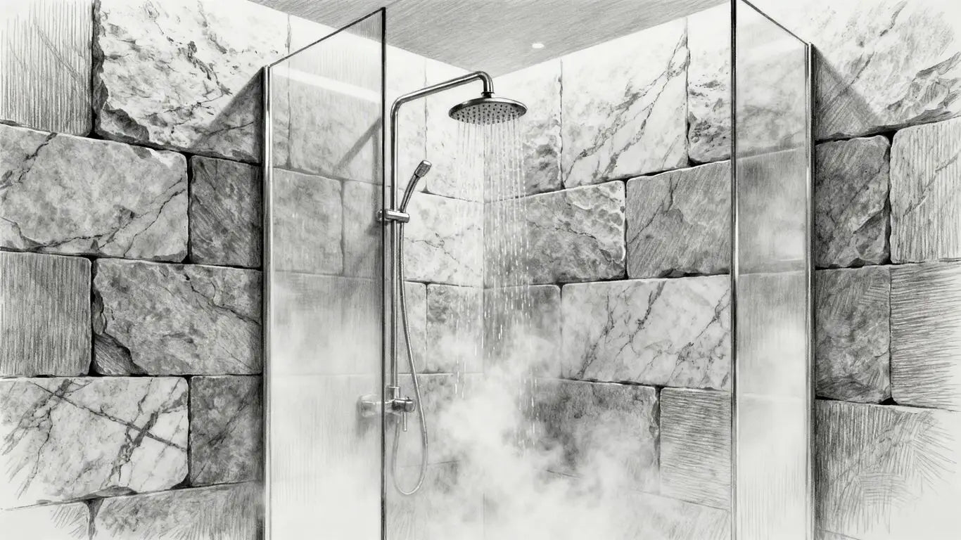 Boceto de diseño de ducha con azulejos de piedra