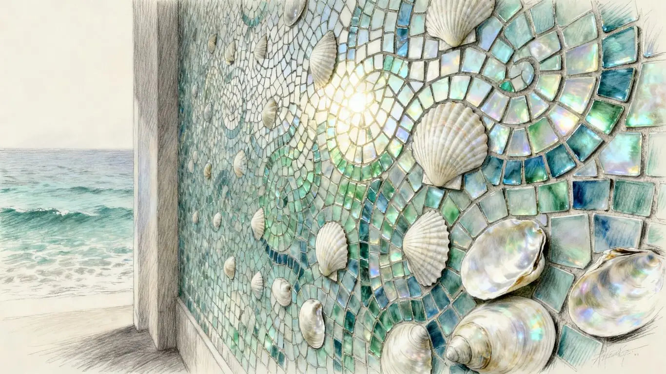 Mosaico de azulejos de conchas marinas en una pared
