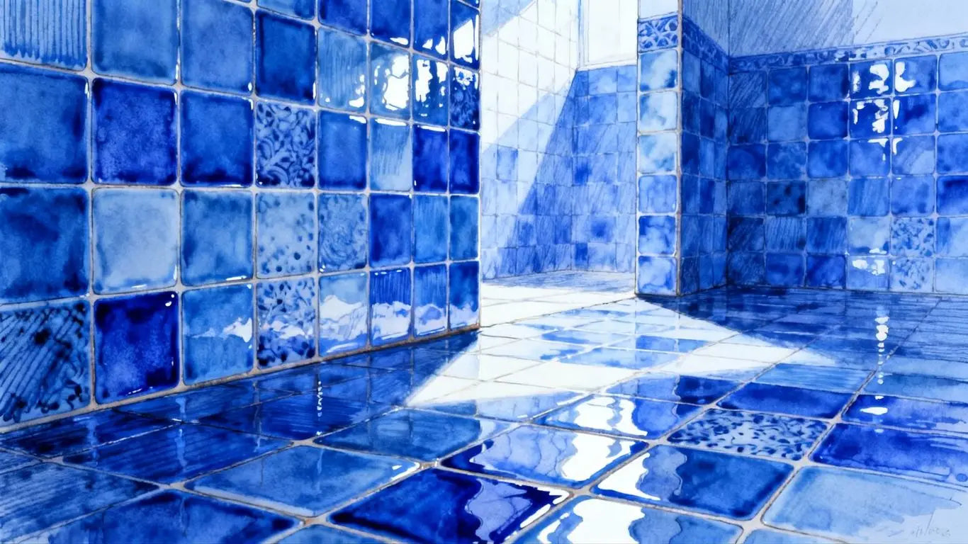 Azulejos de porcelana azul en un boceto de habitación.