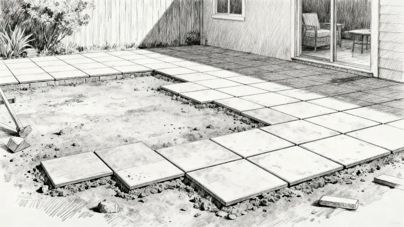 Instalación de baldosas exteriores sobre patio de hormigón.