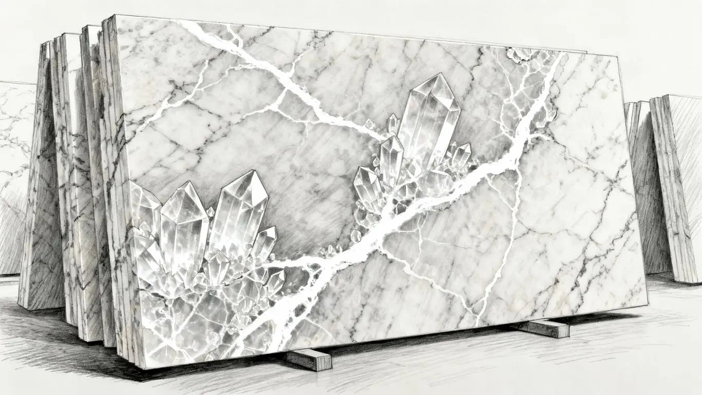 Cristallo quartzite slabs with intricate crystalline patterns.