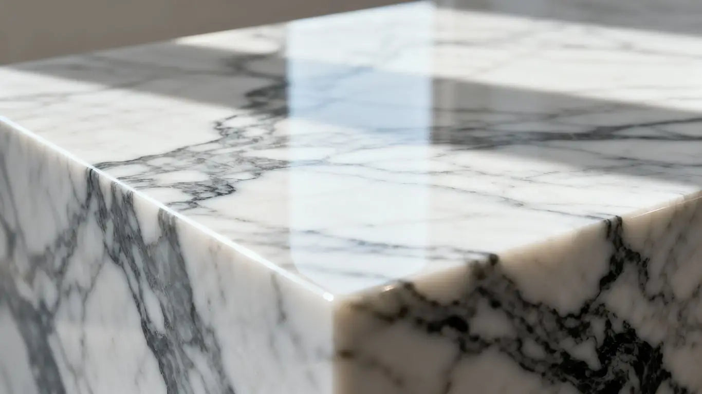 Polished marble slab with natural veining and reflective surface.