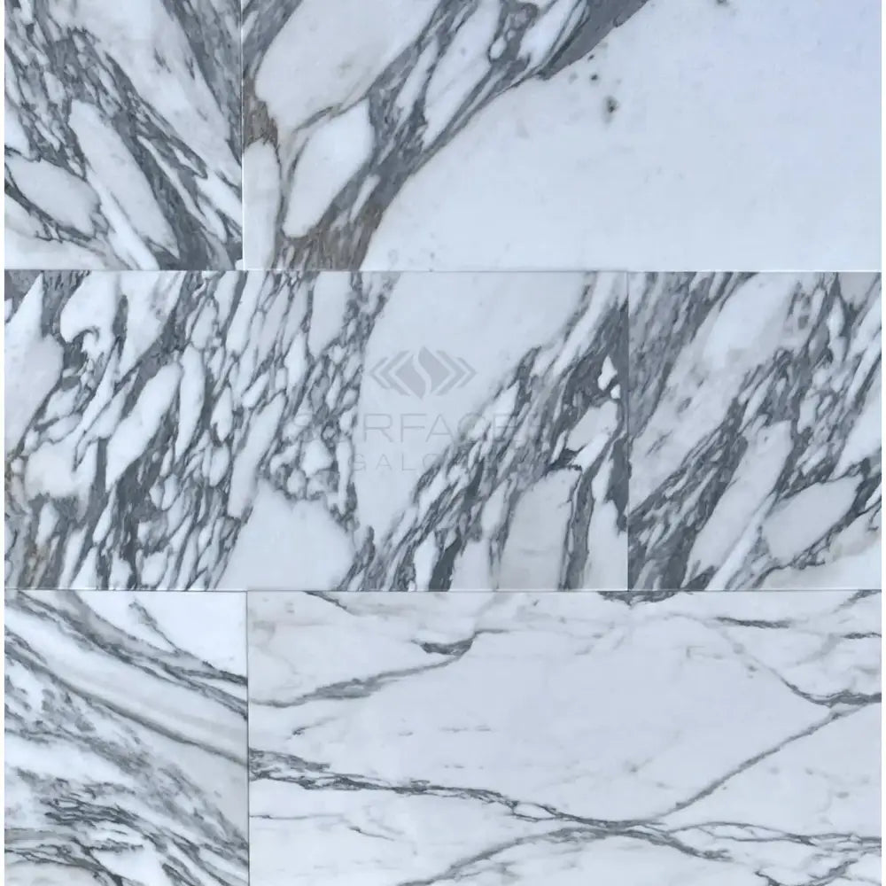 White marble tiles with prominent grey veining in Arabescato Corchia Elite 12X24 Marble Tile