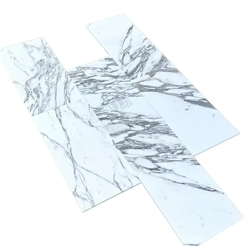 White marble-patterned porcelain tile with grey veining from Arabescato Corchia Elite 12X24 collection