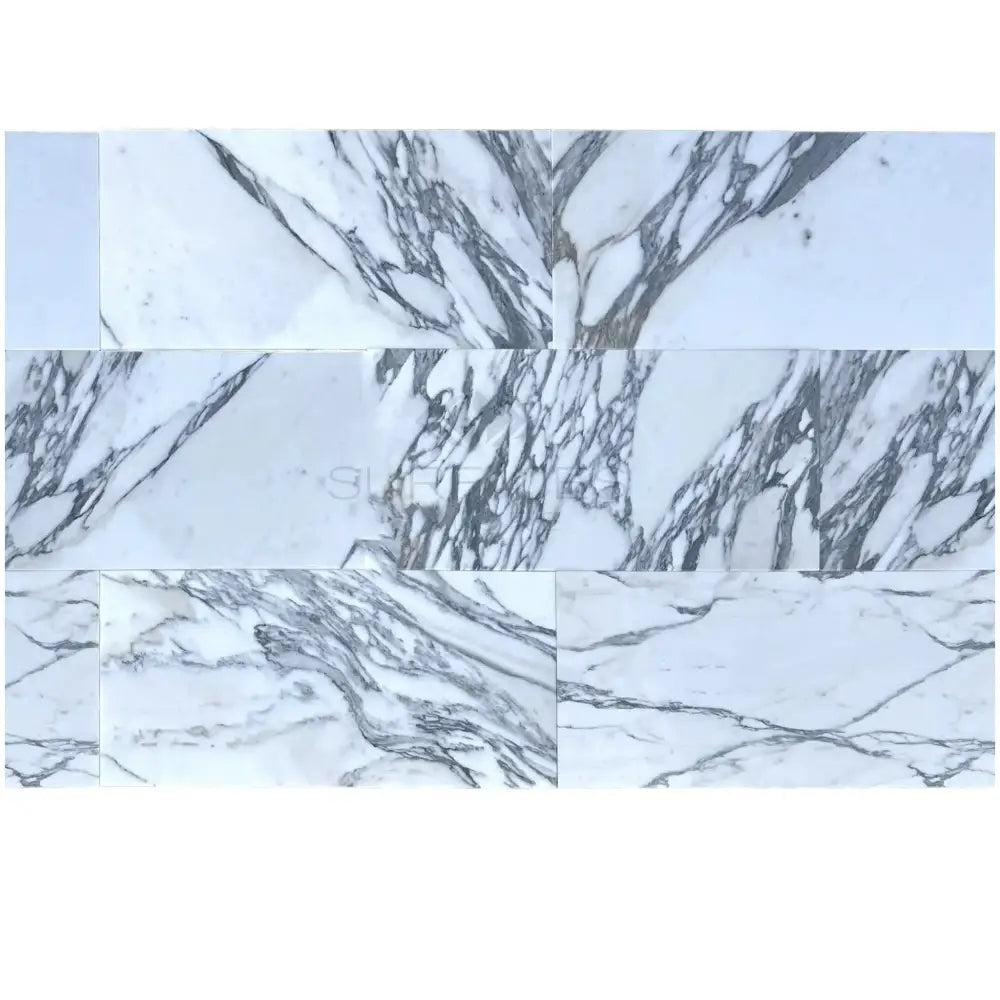 White marble tiles with prominent gray veining in Arabescato Corchia Elite 12X24 Marble Tile