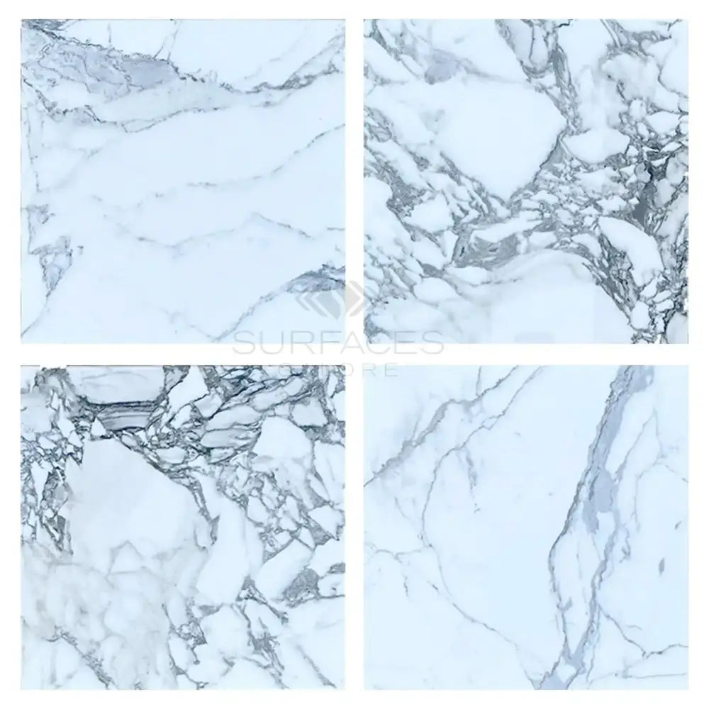 Four white Arabescato Corchia Elite 18x18 marble tile patterns with grey veining