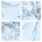 Four white Arabescato Corchia Elite 18x18 marble tile patterns with grey veining