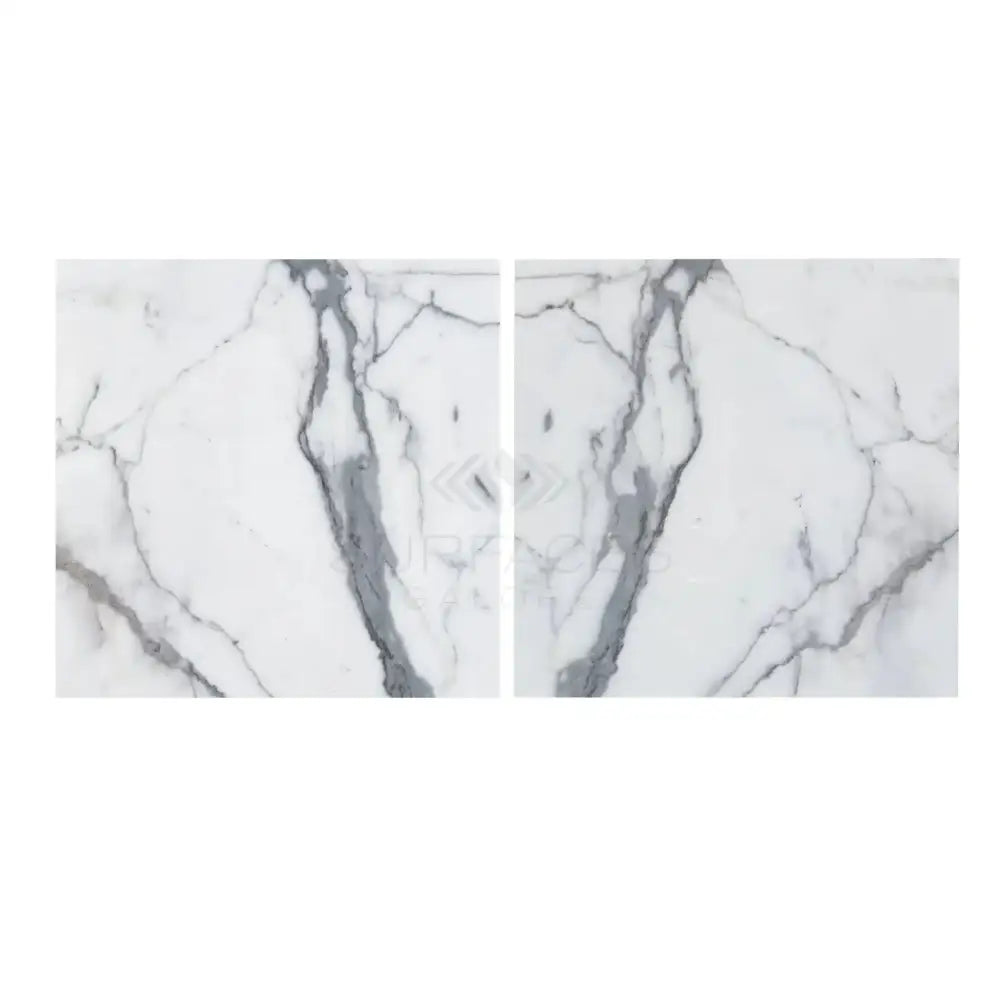 Bookmatched Arabescato Corchia Elite 18x18 marble tiles with striking gray veining