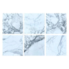 Six white Arabescato Corchia Elite 18x18 marble tiles with gray veining