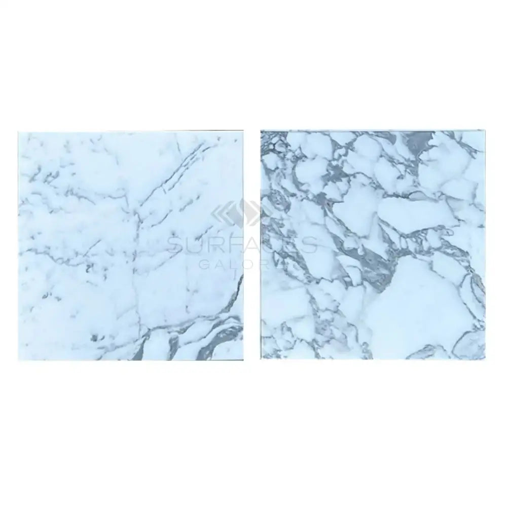Two white marble tiles with grey veining from Arabescato Corchia Elite 18X18 collection