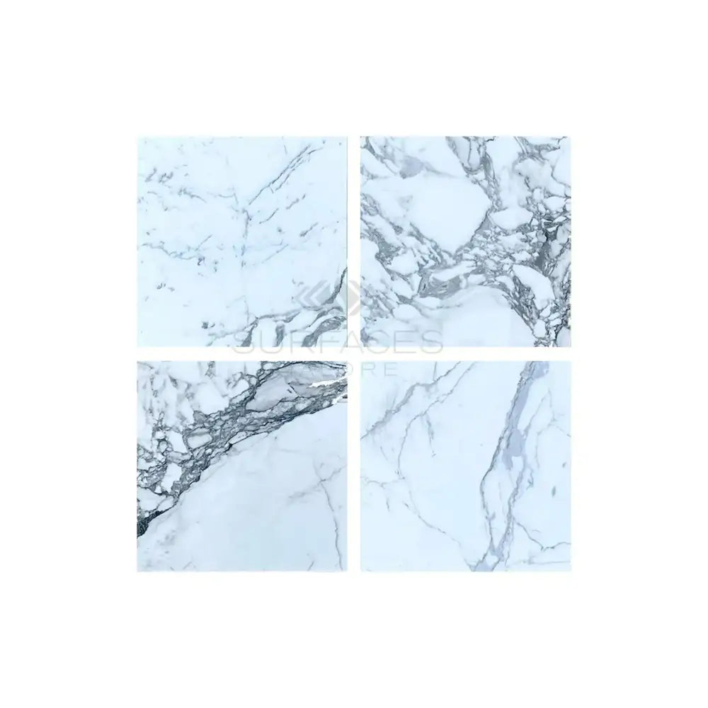Four white marble tile samples with gray veining for Arabescato Corchia Elite 24X24 marble